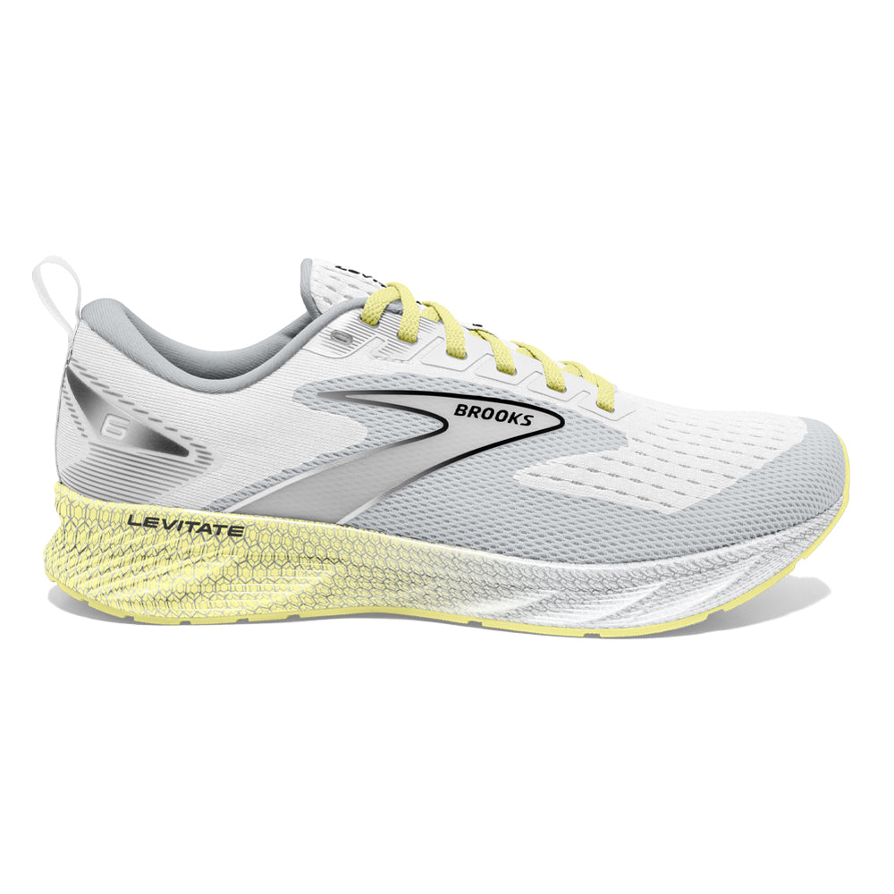 Women's Brooks Levitate 6, White/Oyster/Yellow, 9 B Medium