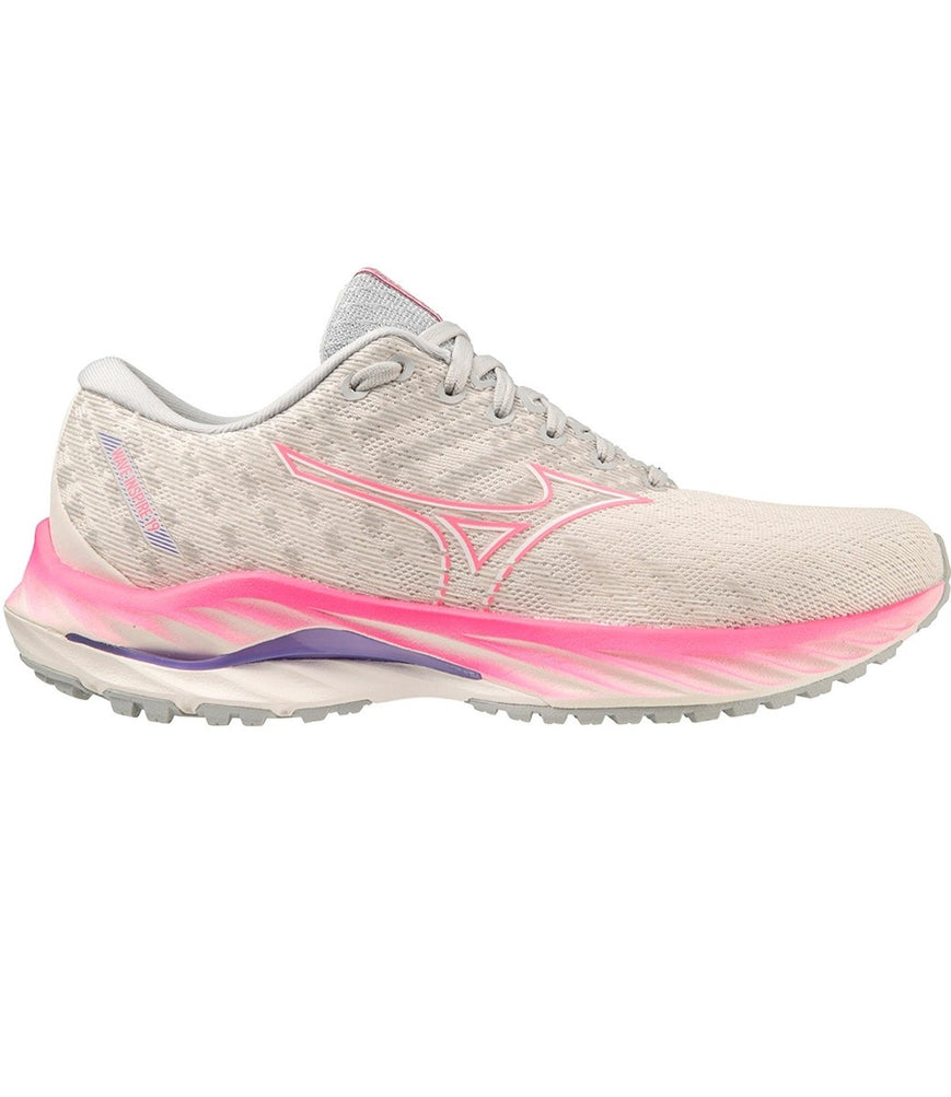 Women's Mizuno Wave Inspire 19, Snow White/High Vis Pink, 7.5 B Medium