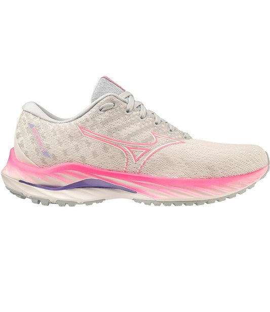 Women's Mizuno Wave Inspire 19, Snow White/High Vis Pink, 6.5 B Medium