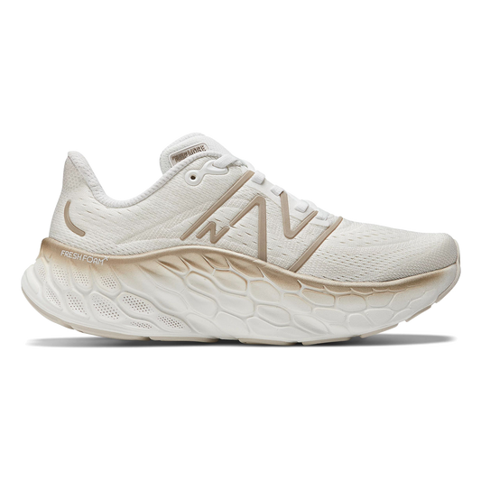 Women's New Balance Fresh Foam X More v4, White/Gold/Metallic/Moonbeam, 8 B Medium